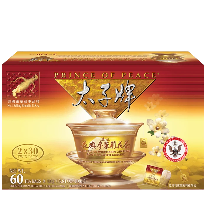 Prince of Peace American Ginseng Root Tea with Jasmine, 60 Tea Bags, Twin Pack
