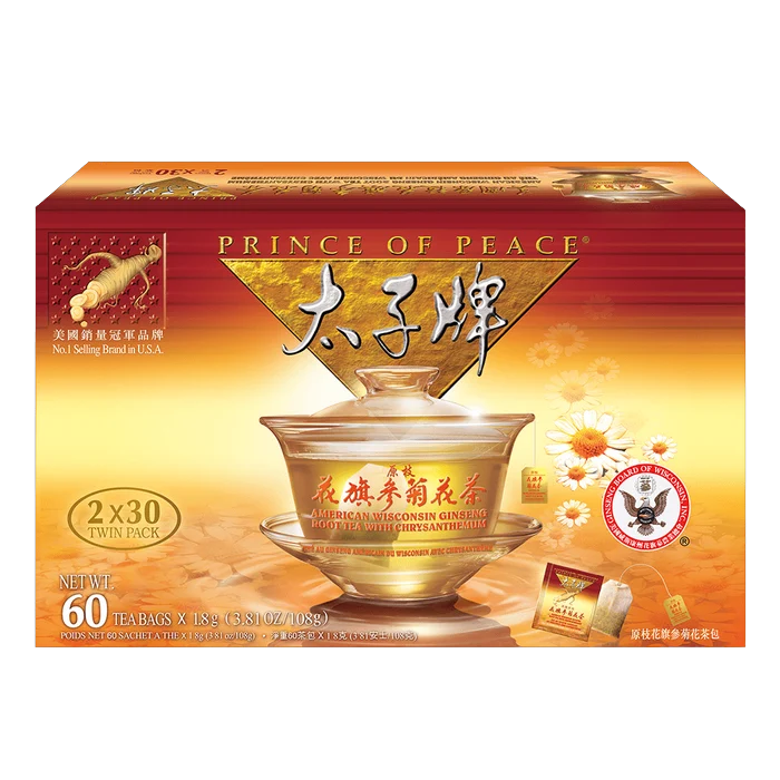 Prince of Peace American Ginseng Root Tea with Chrysanthemum, 60 Tea Bags, Twin Pack