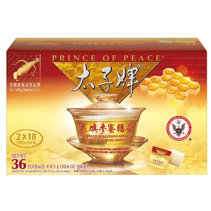 Prince of Peace American Ginseng Root Tea with Honey, Twin Pack, 36 Tea Bags (2 × 18)