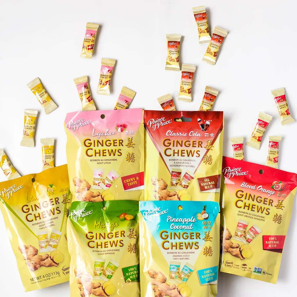 Ginger Chews 4 oz – 7 Flavors | Original, Lemon, Orange, Mango, Lychee, Coconut & Cola | Prince of Peace