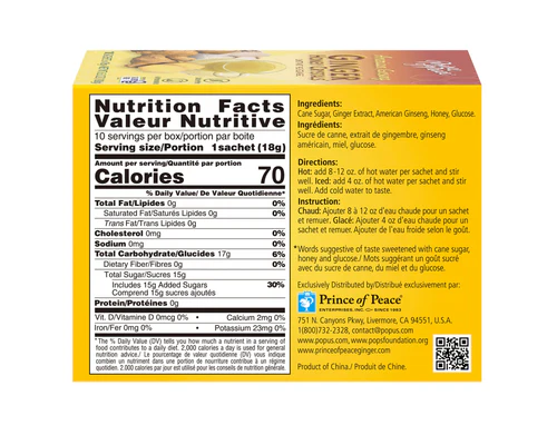 Instant Ginger Tea with American Ginseng & Honey Crystals, 10 Bags